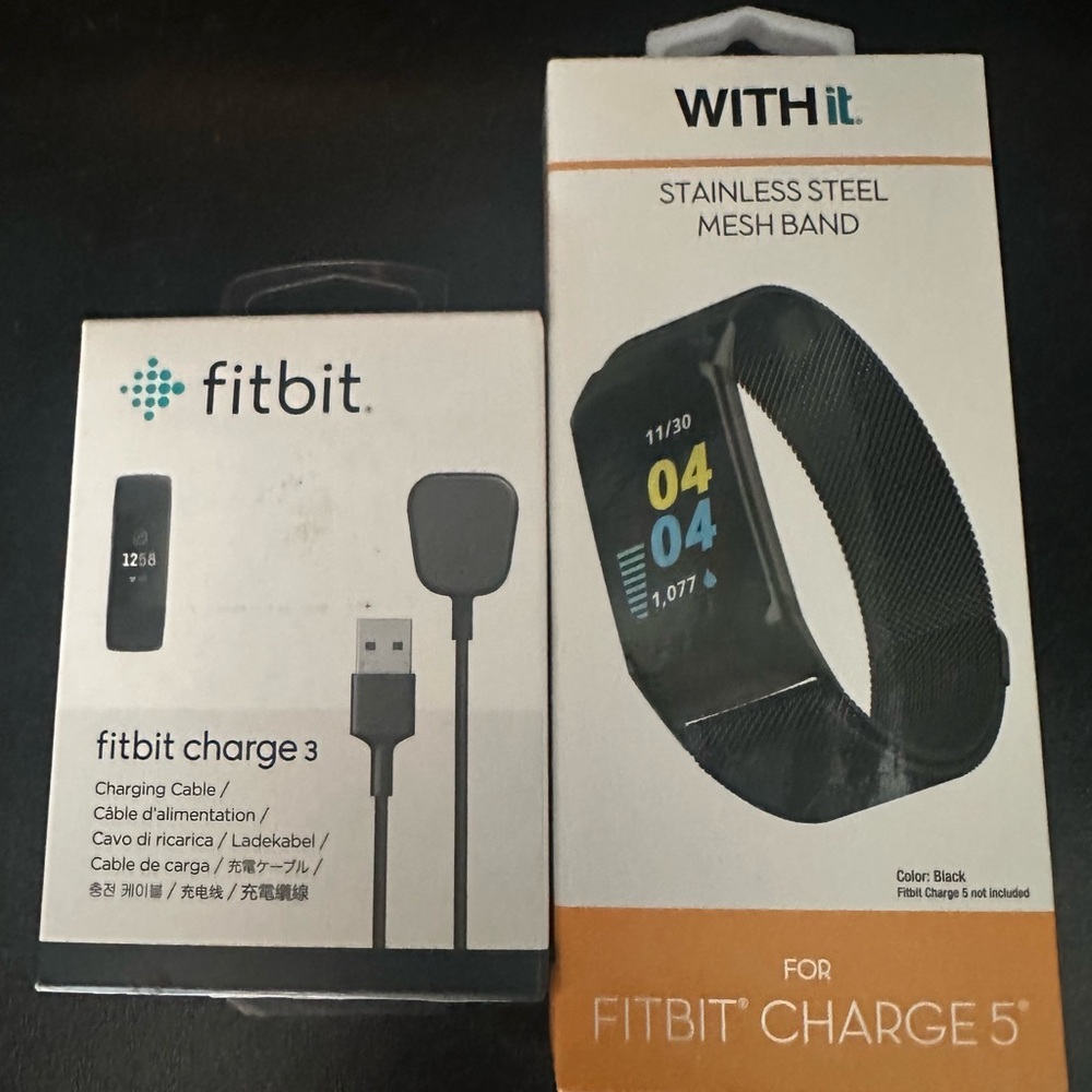 Fitbit Charge 5 Black Mesh Band and Fitbit Charge 3 Charging Cable
